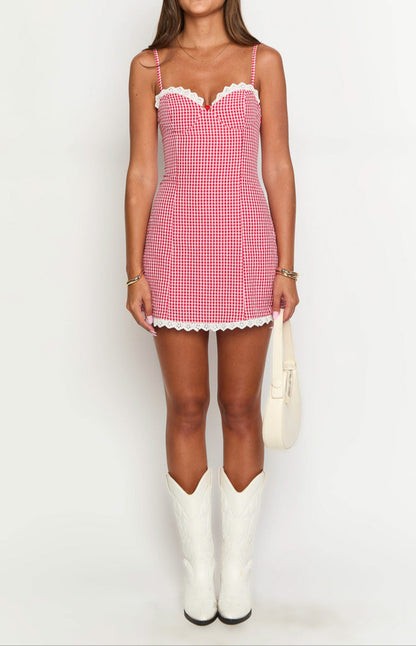 Allegra Red Gingham Lace-Trim Mini