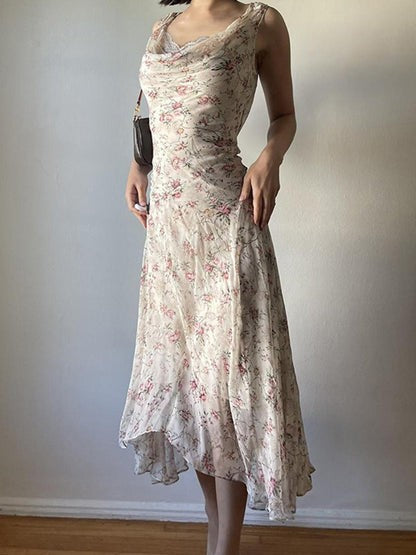 Marisela Beige Floral Asymmetric Holiday Maxi