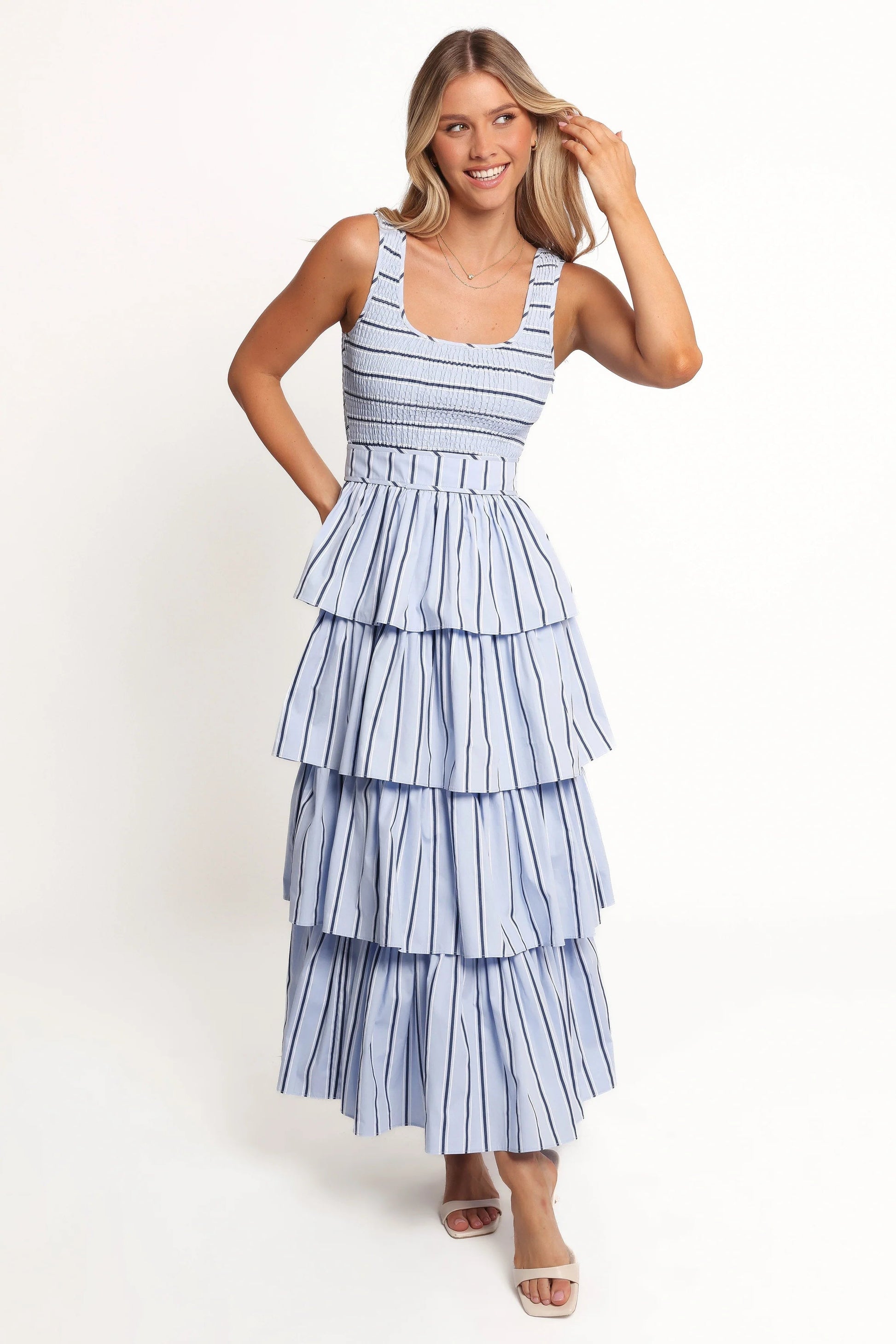 Tiered Ruffle Shirred Bodice Maxi Dress