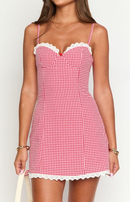 Allegra Red Gingham Lace-Trim Mini