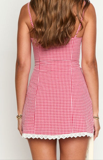 Allegra Red Gingham Lace-Trim Mini