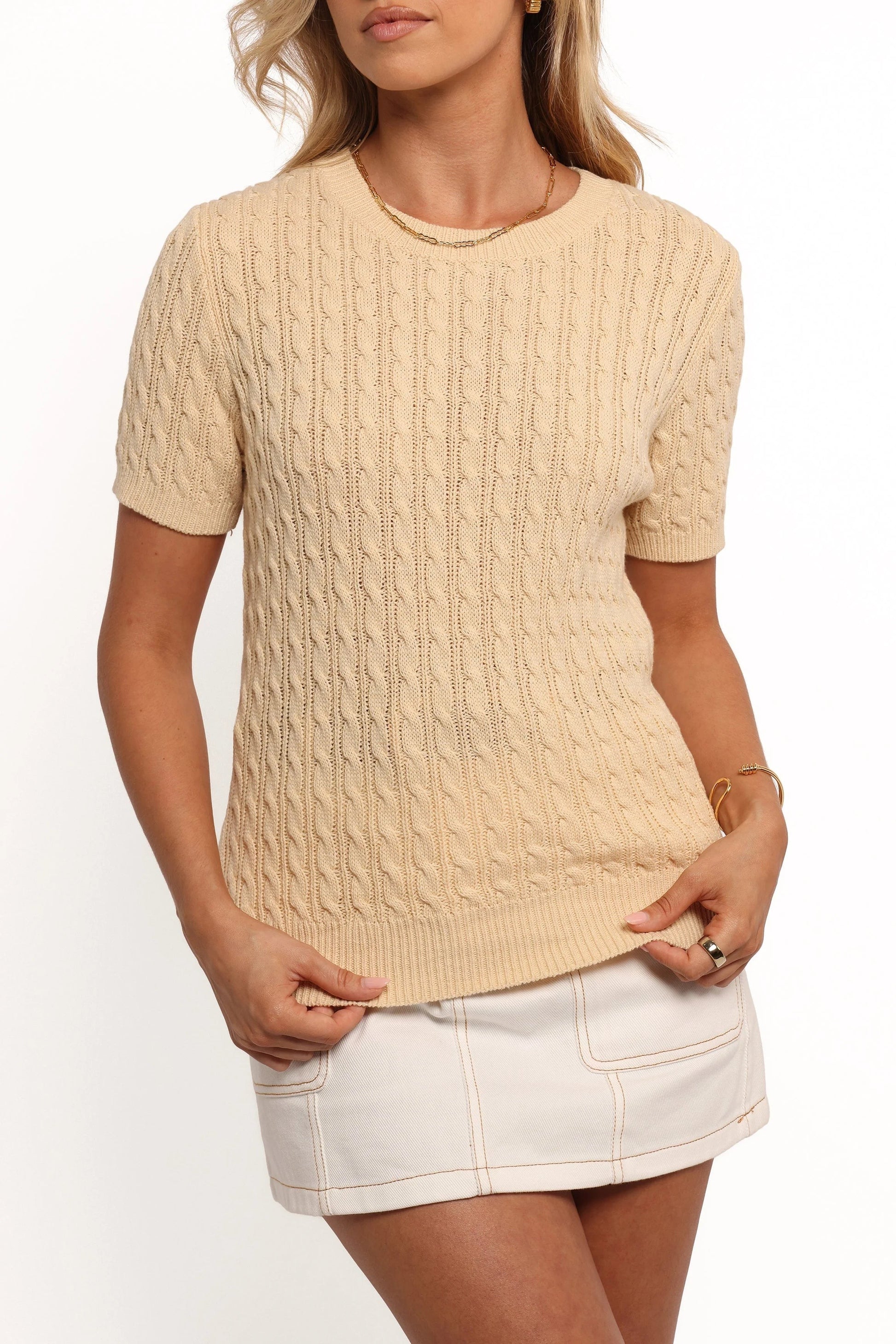 Cable-Knit Short-Sleeve Sweater