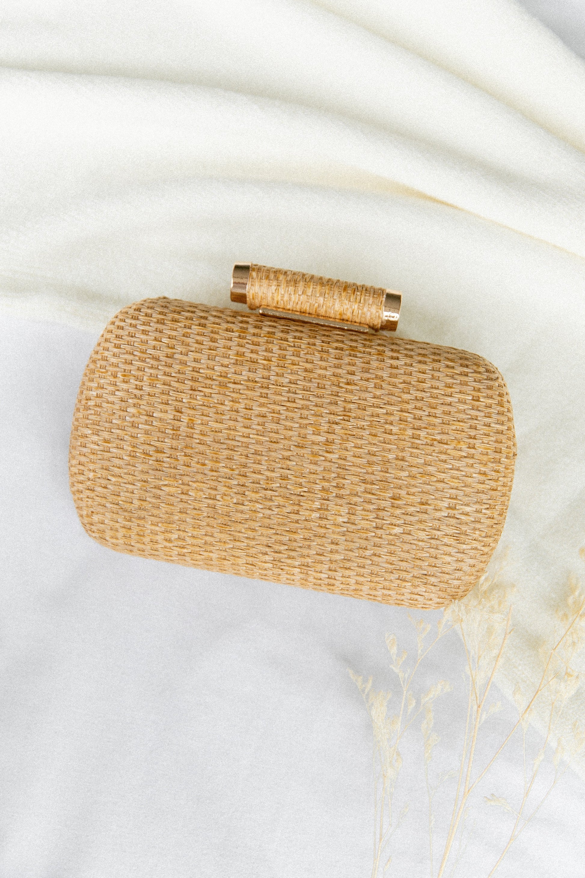Gold-Hardware Woven Clutch with Chain