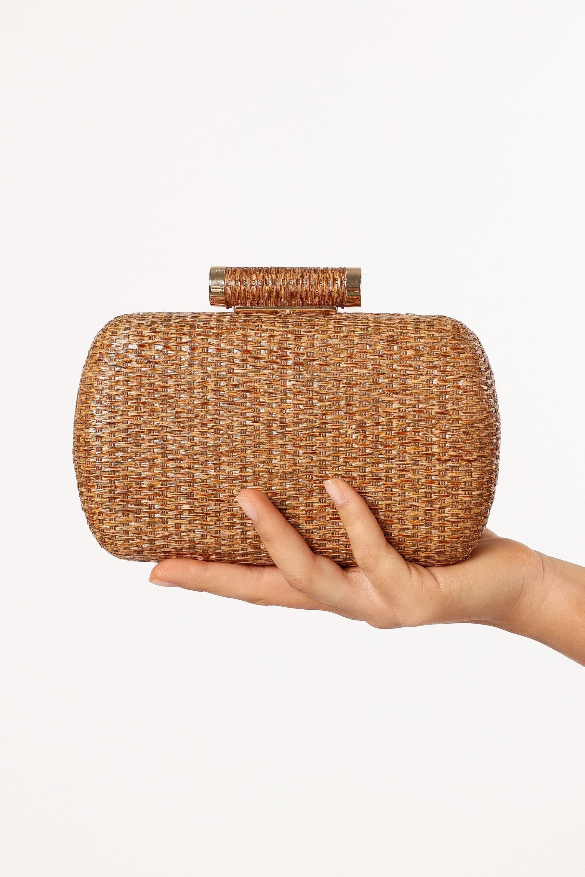 Gold-Hardware Woven Clutch with Chain
