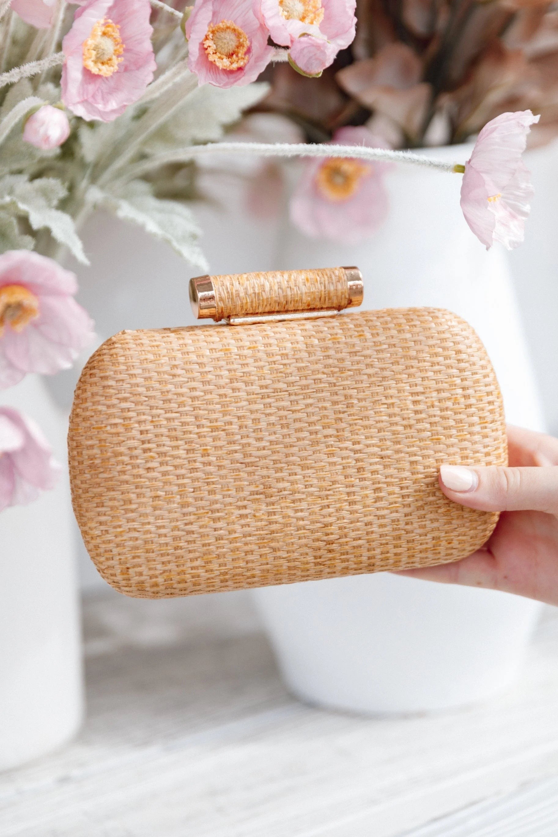 Gold-Hardware Woven Clutch with Chain
