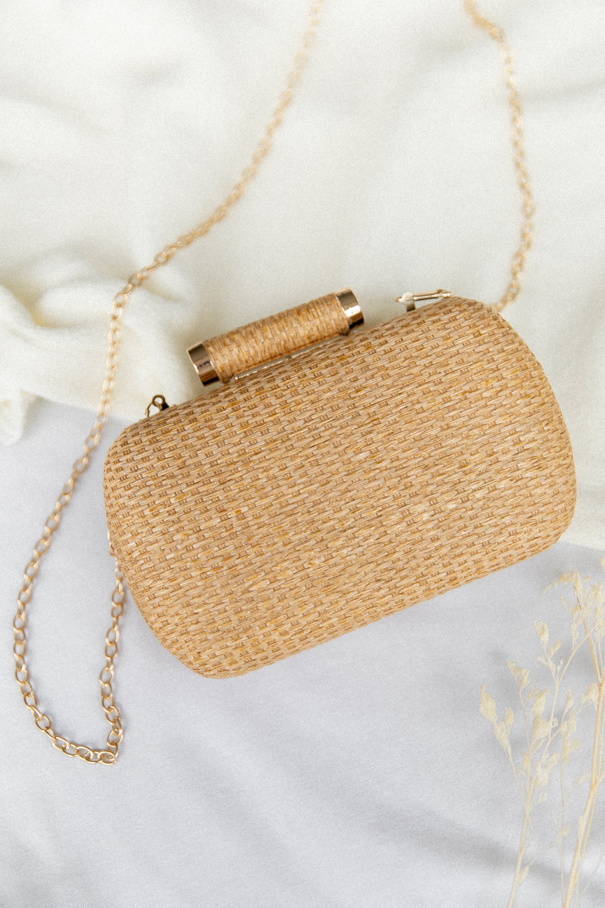 Gold-Hardware Woven Clutch with Chain
