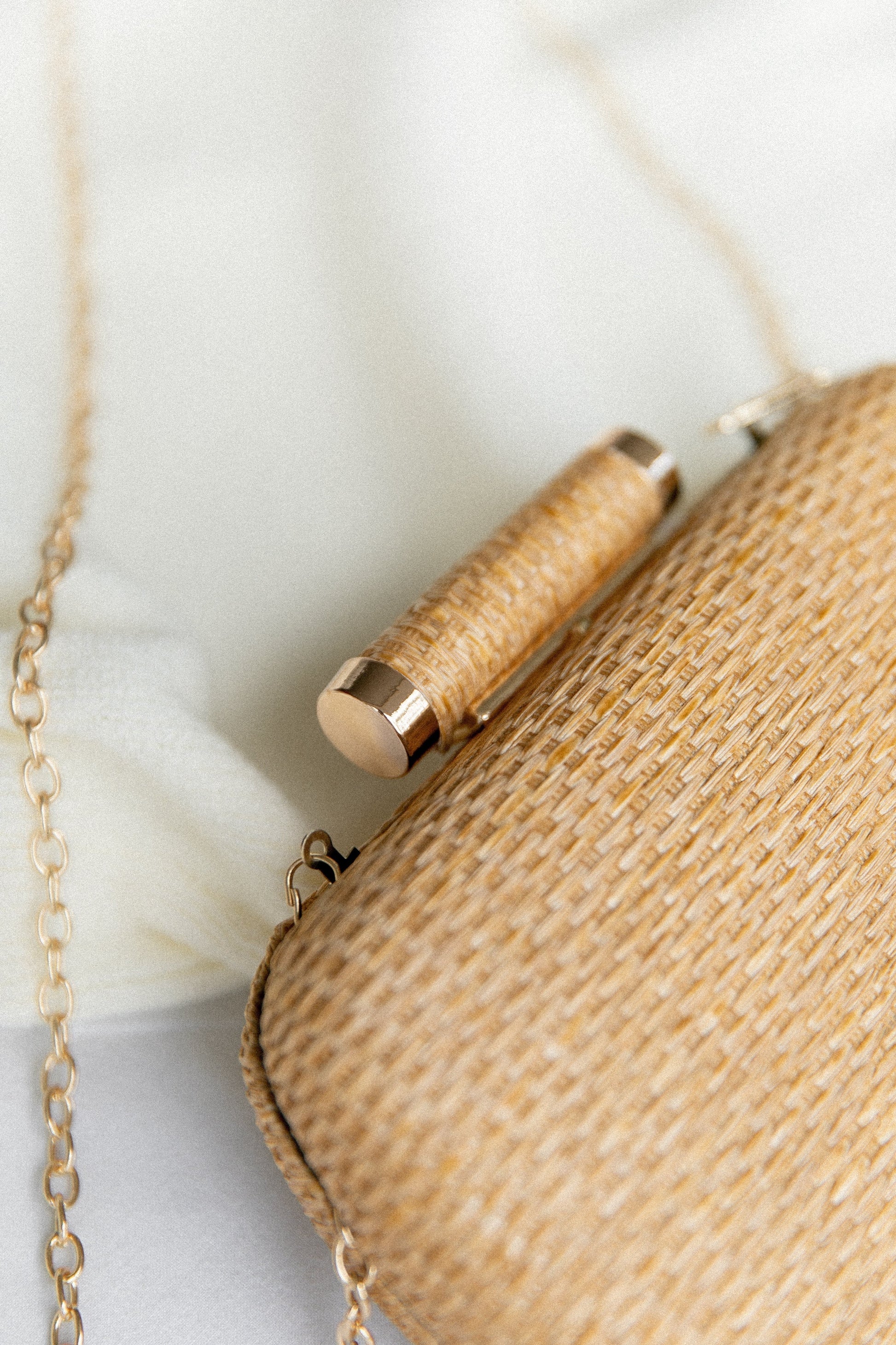 Gold-Hardware Woven Clutch with Chain