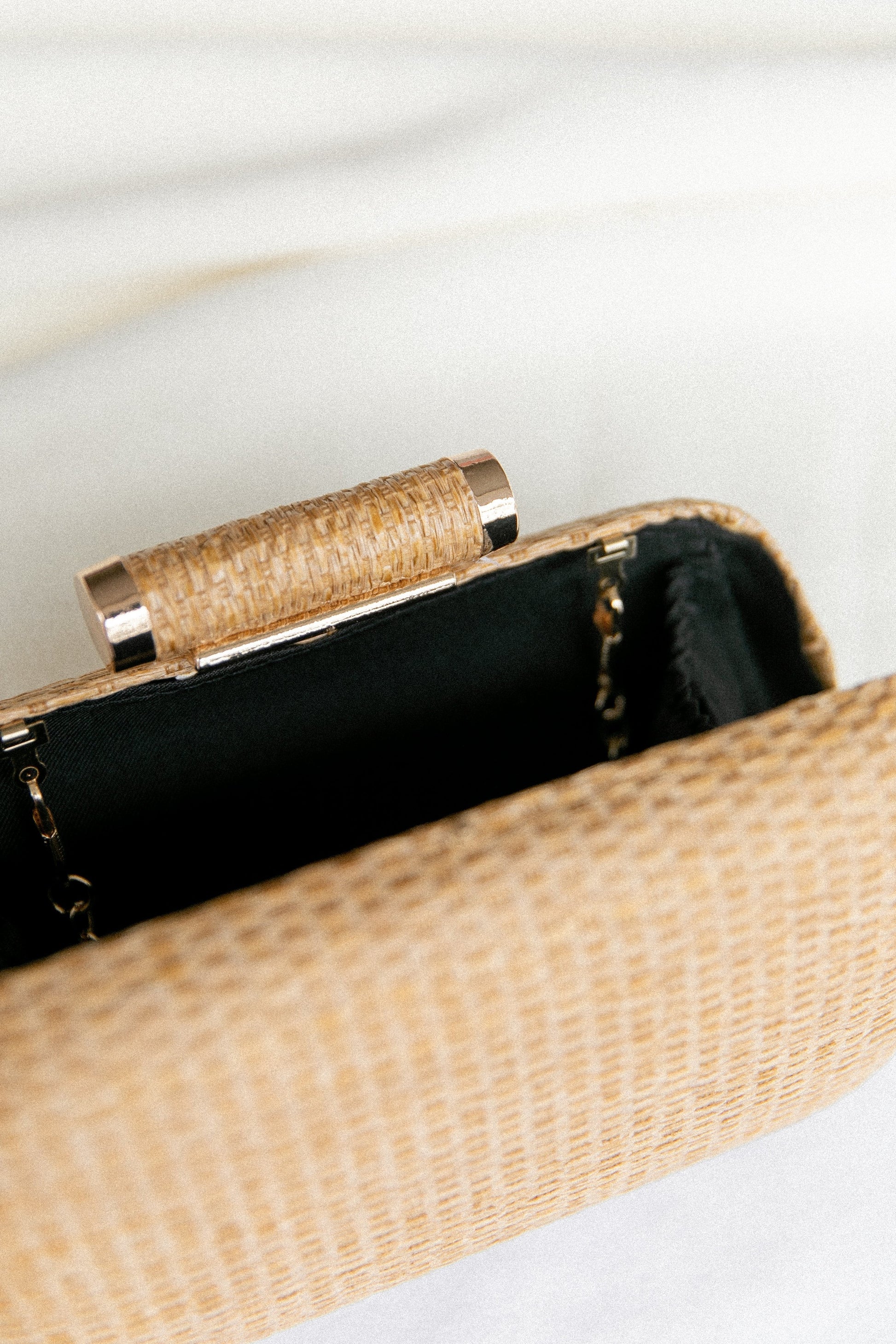 Gold-Hardware Woven Clutch with Chain