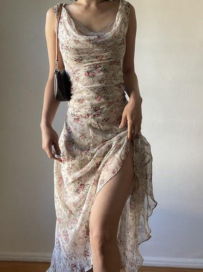 Marisela Beige Floral Asymmetric Holiday Maxi