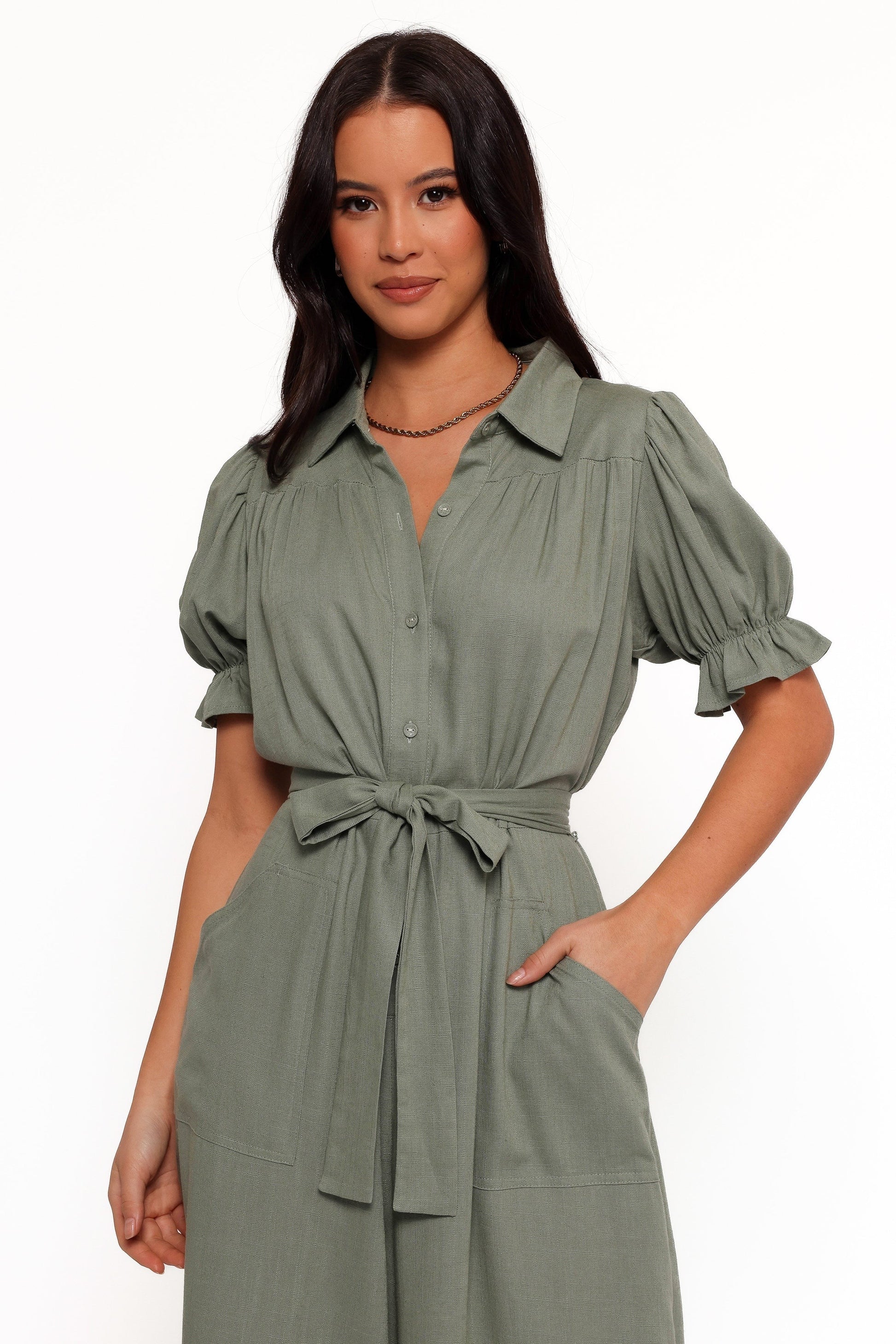 Olive Spread-Collar Tie-Waist Jumpsuit