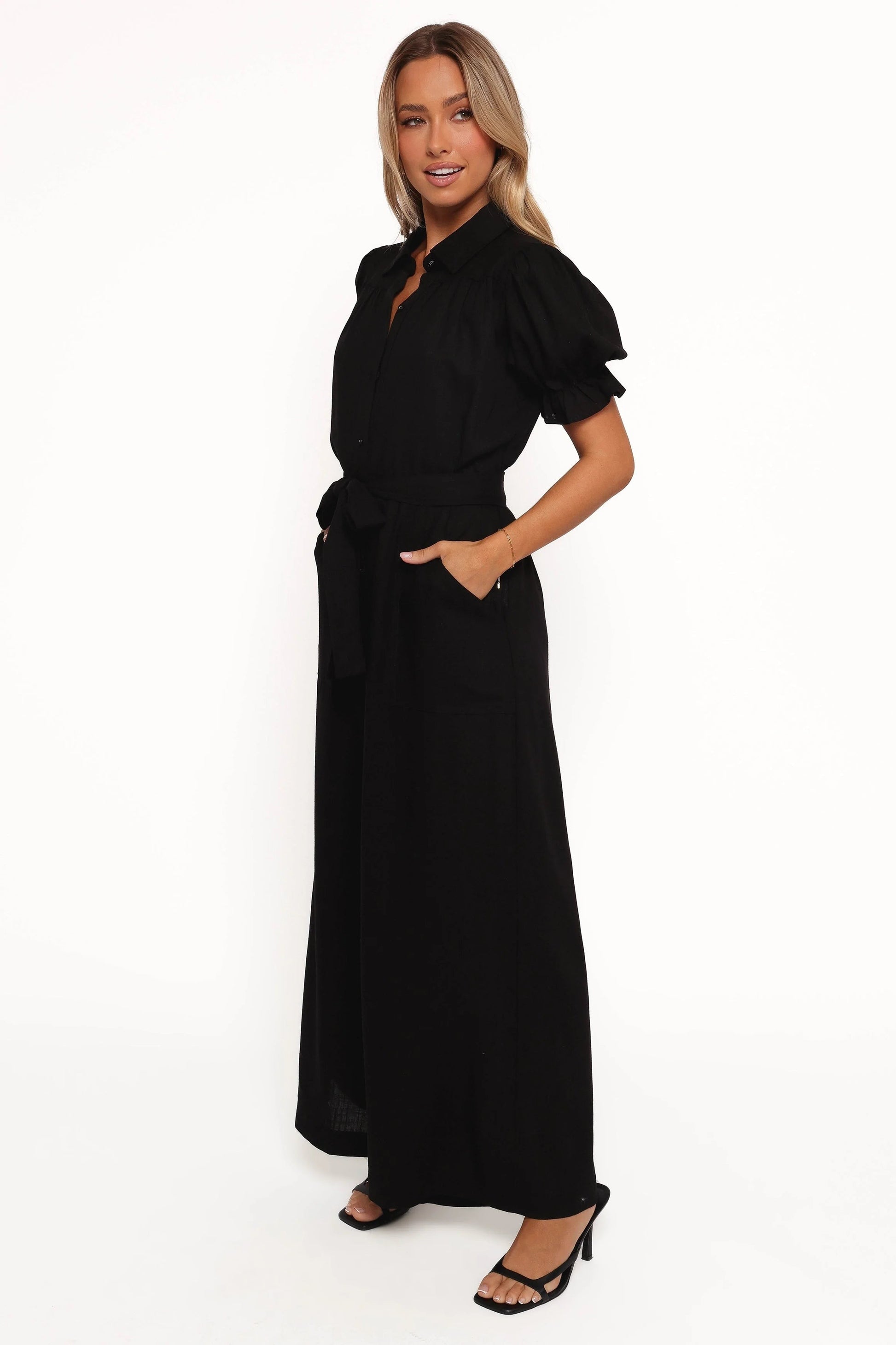 Olive Spread-Collar Tie-Waist Jumpsuit