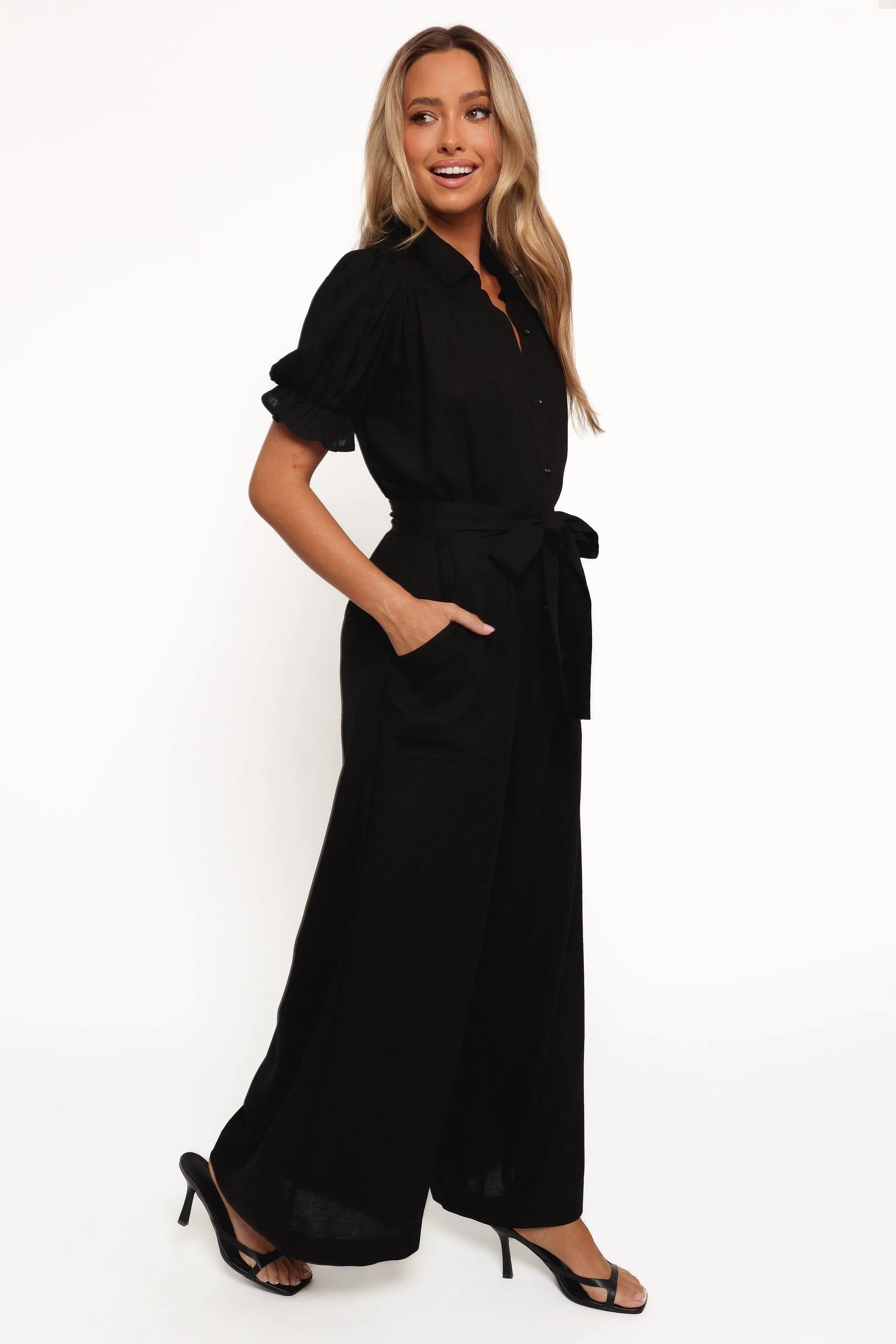 Olive Spread-Collar Tie-Waist Jumpsuit
