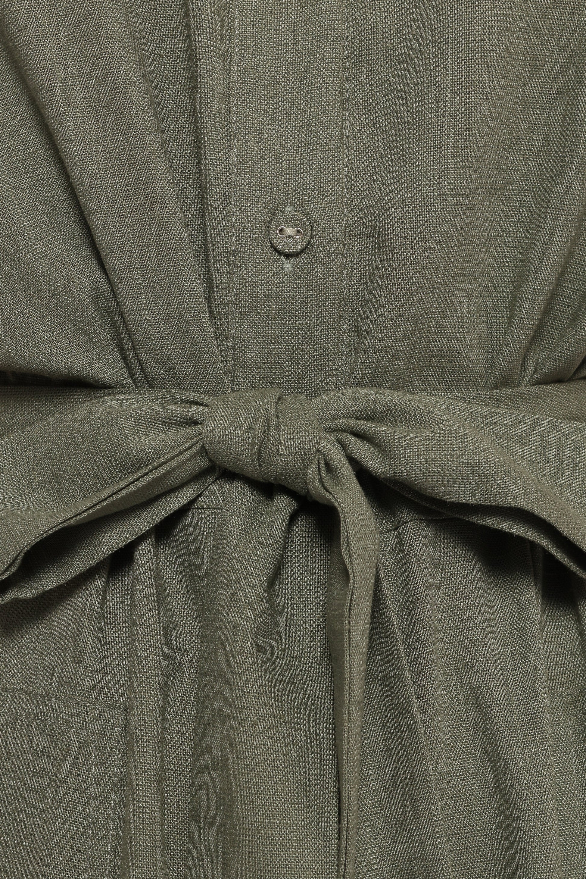 Olive Spread-Collar Tie-Waist Jumpsuit