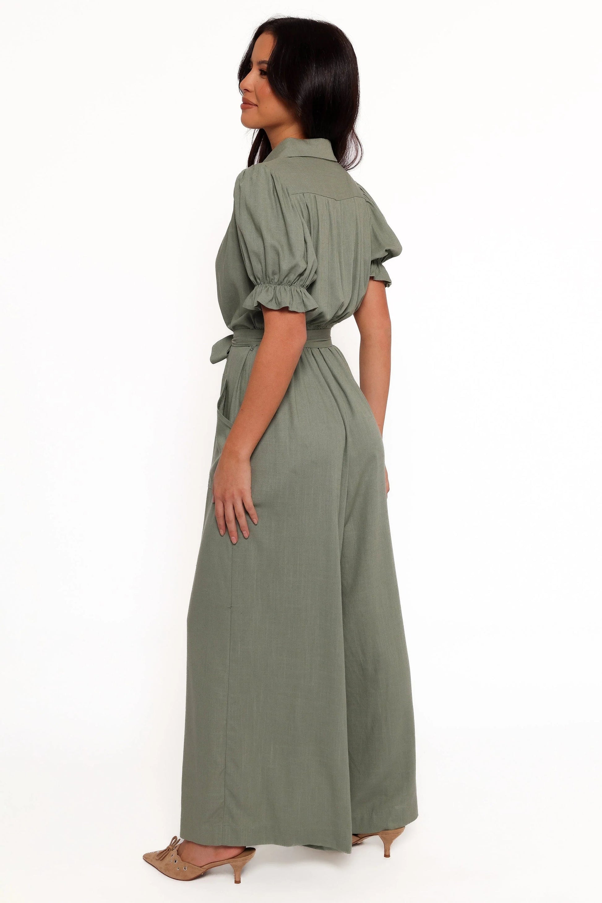 Olive Spread-Collar Tie-Waist Jumpsuit