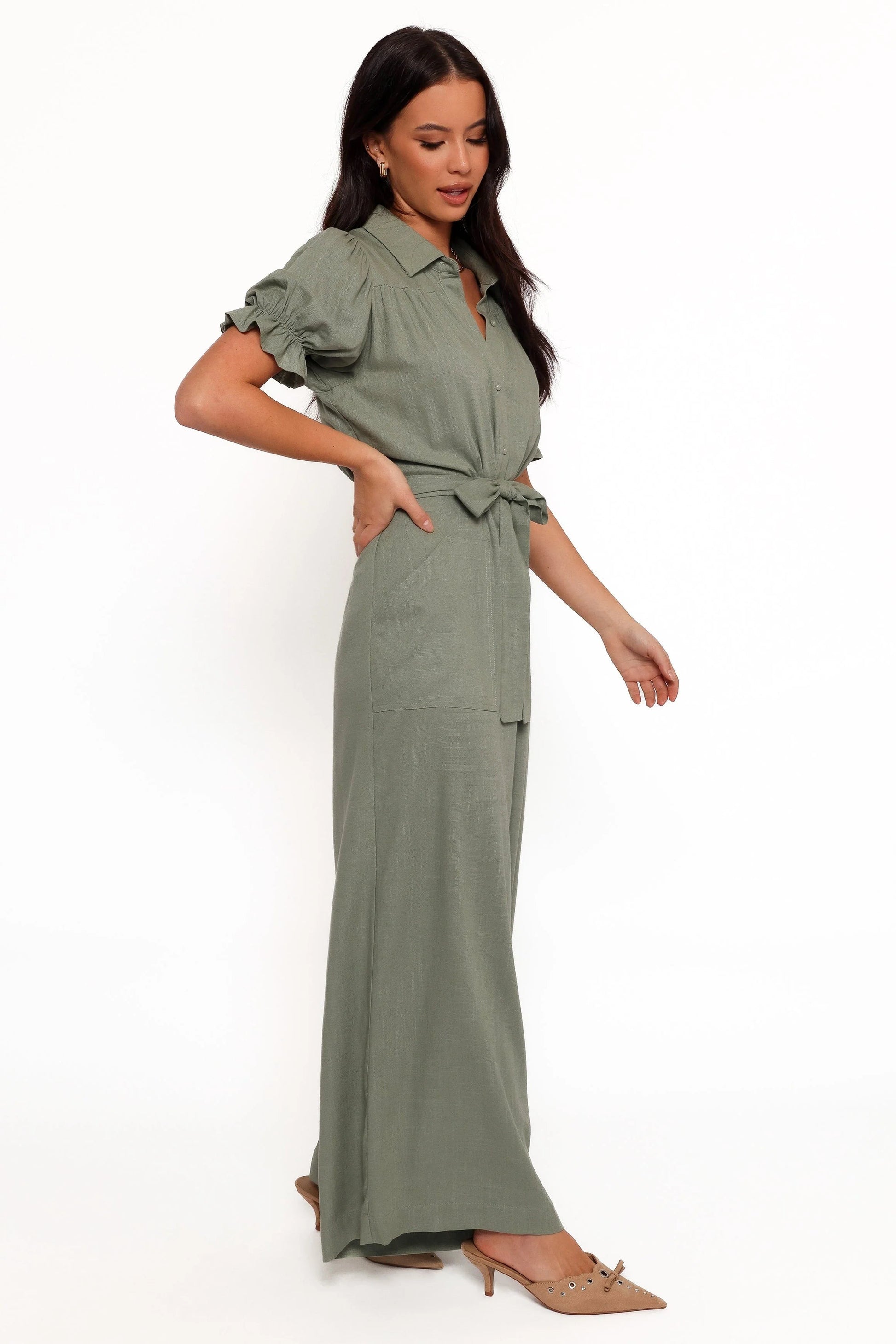 Olive Spread-Collar Tie-Waist Jumpsuit