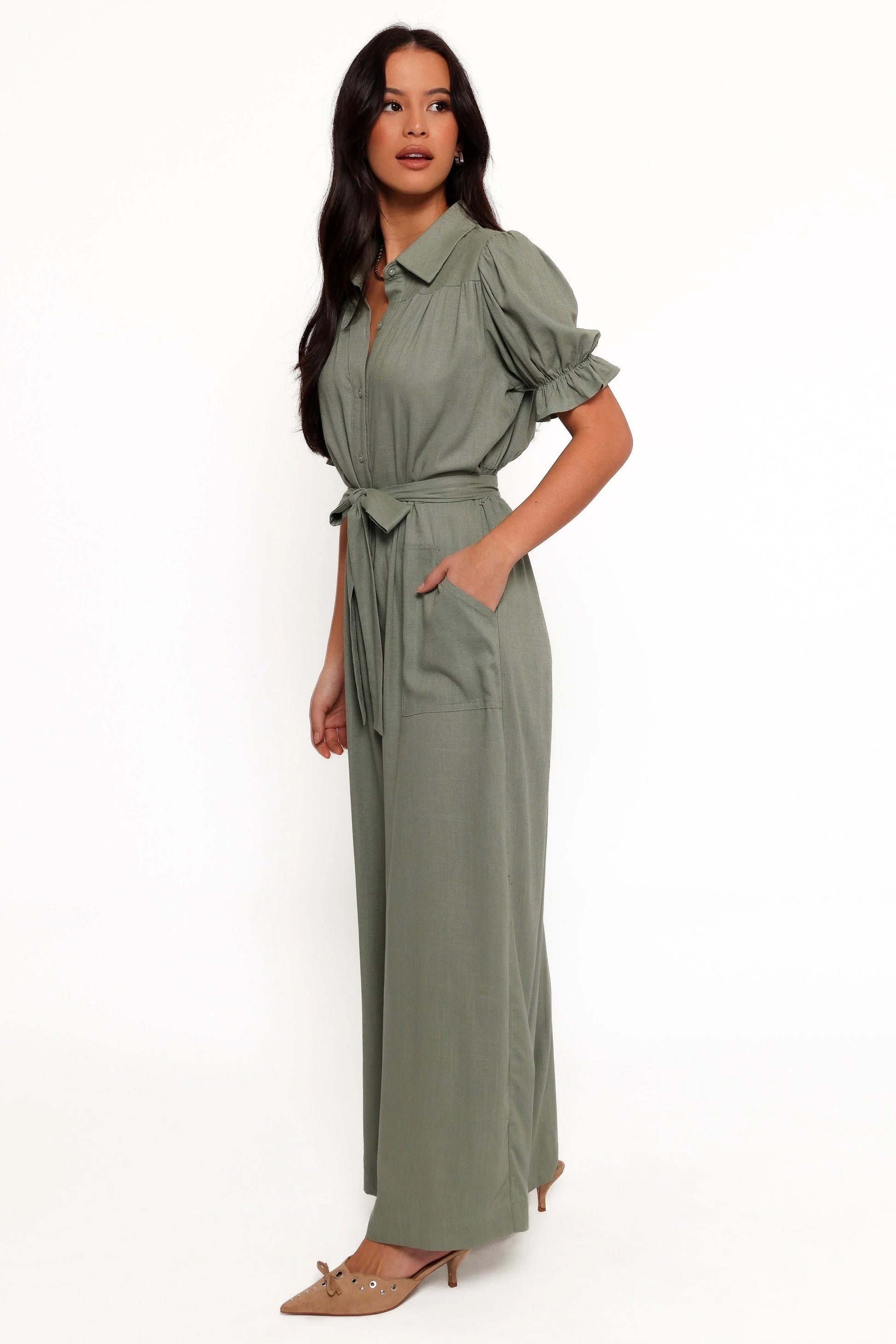 Olive Spread-Collar Tie-Waist Jumpsuit