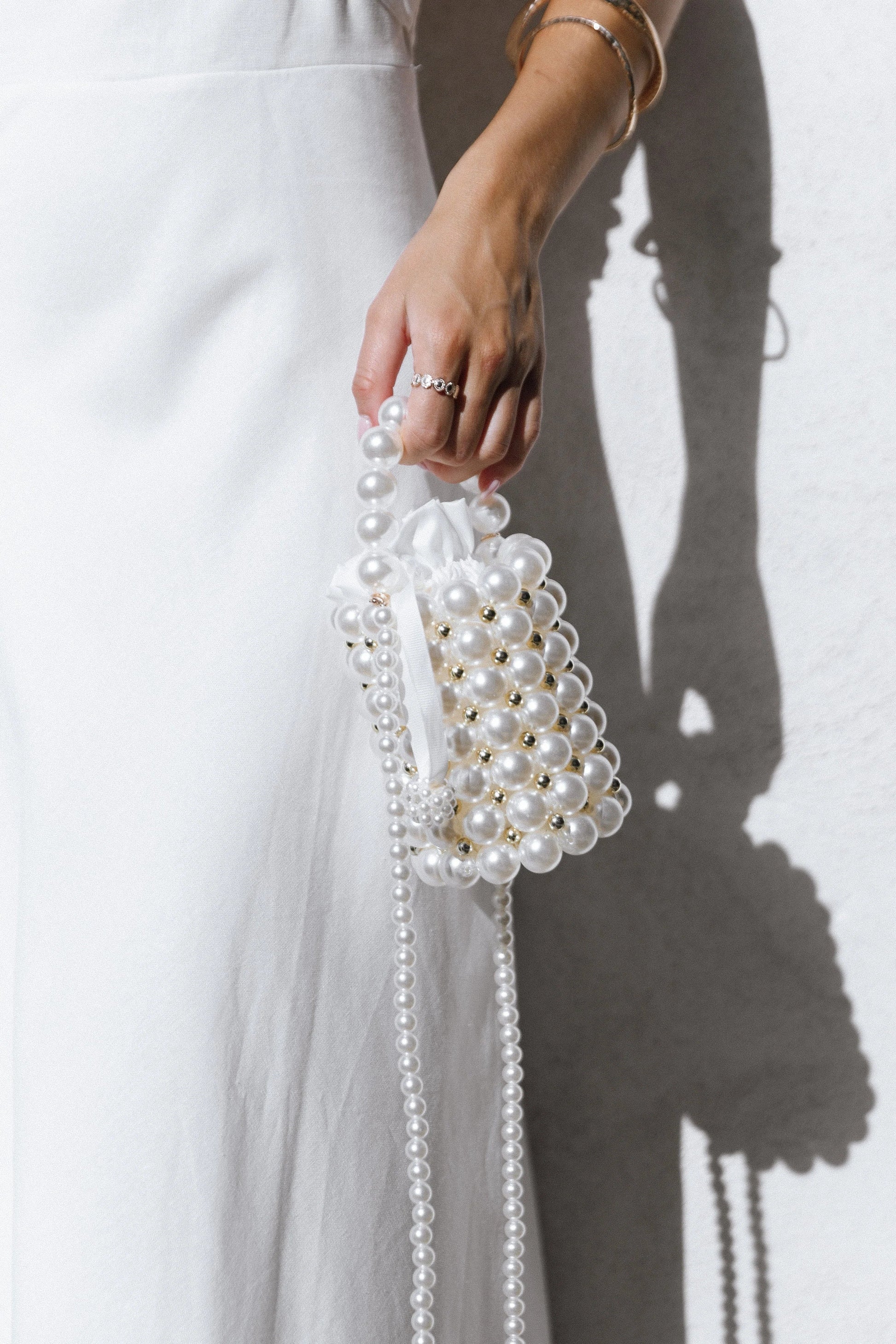 Pearl & Gold-Bead Embellished Bucket Bag
