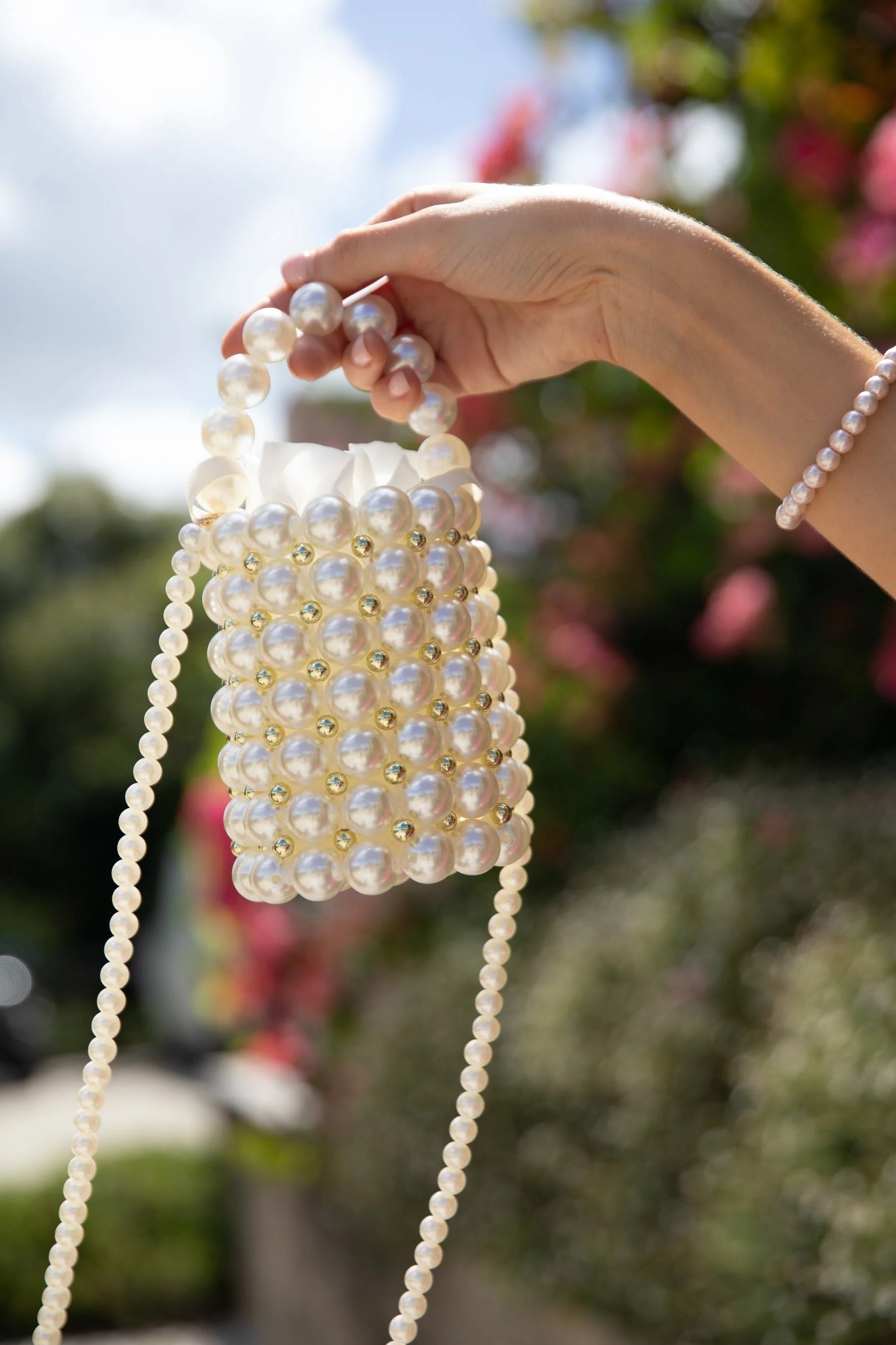 Pearl & Gold-Bead Embellished Bucket Bag