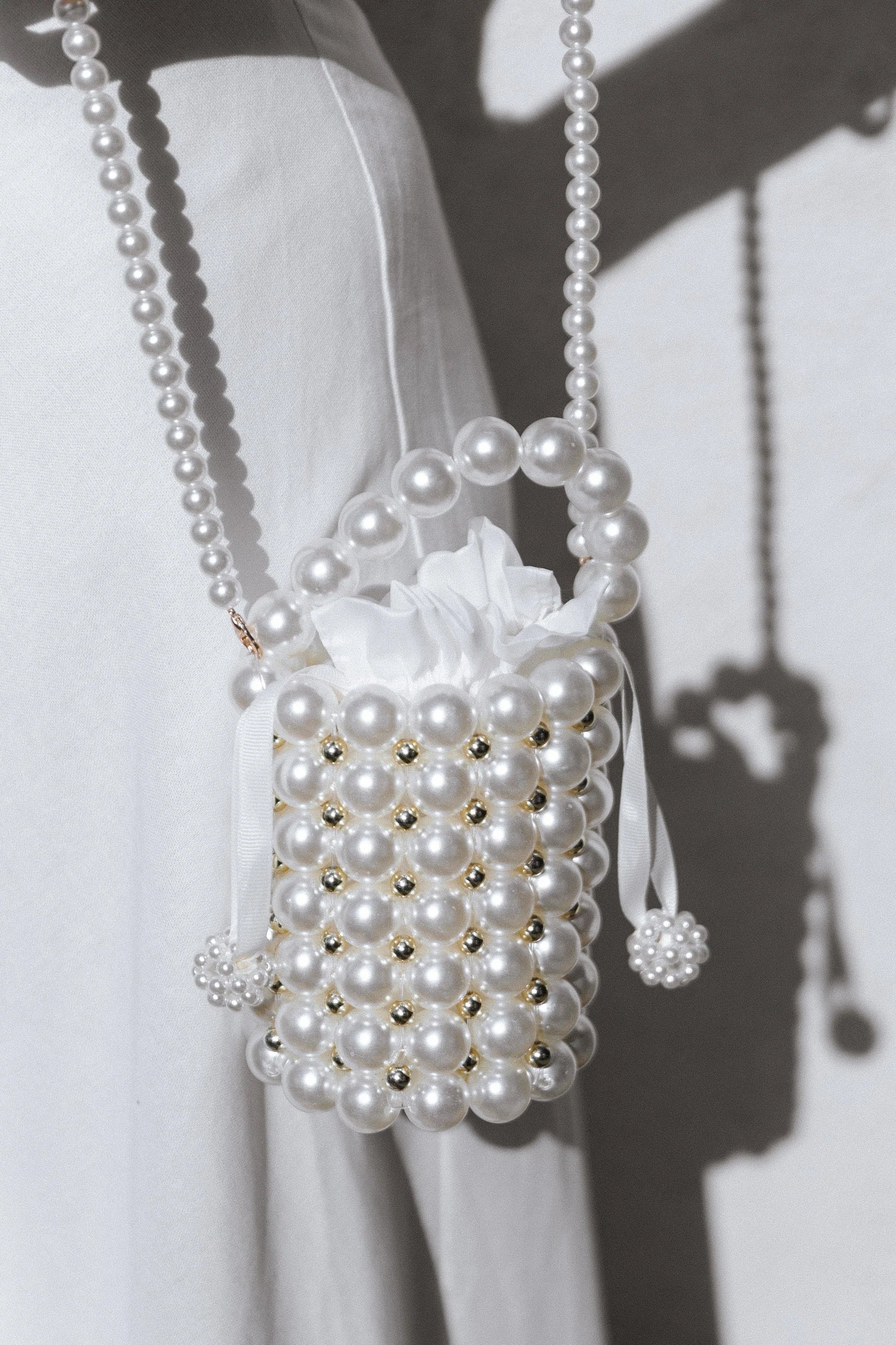 Pearl & Gold-Bead Embellished Bucket Bag