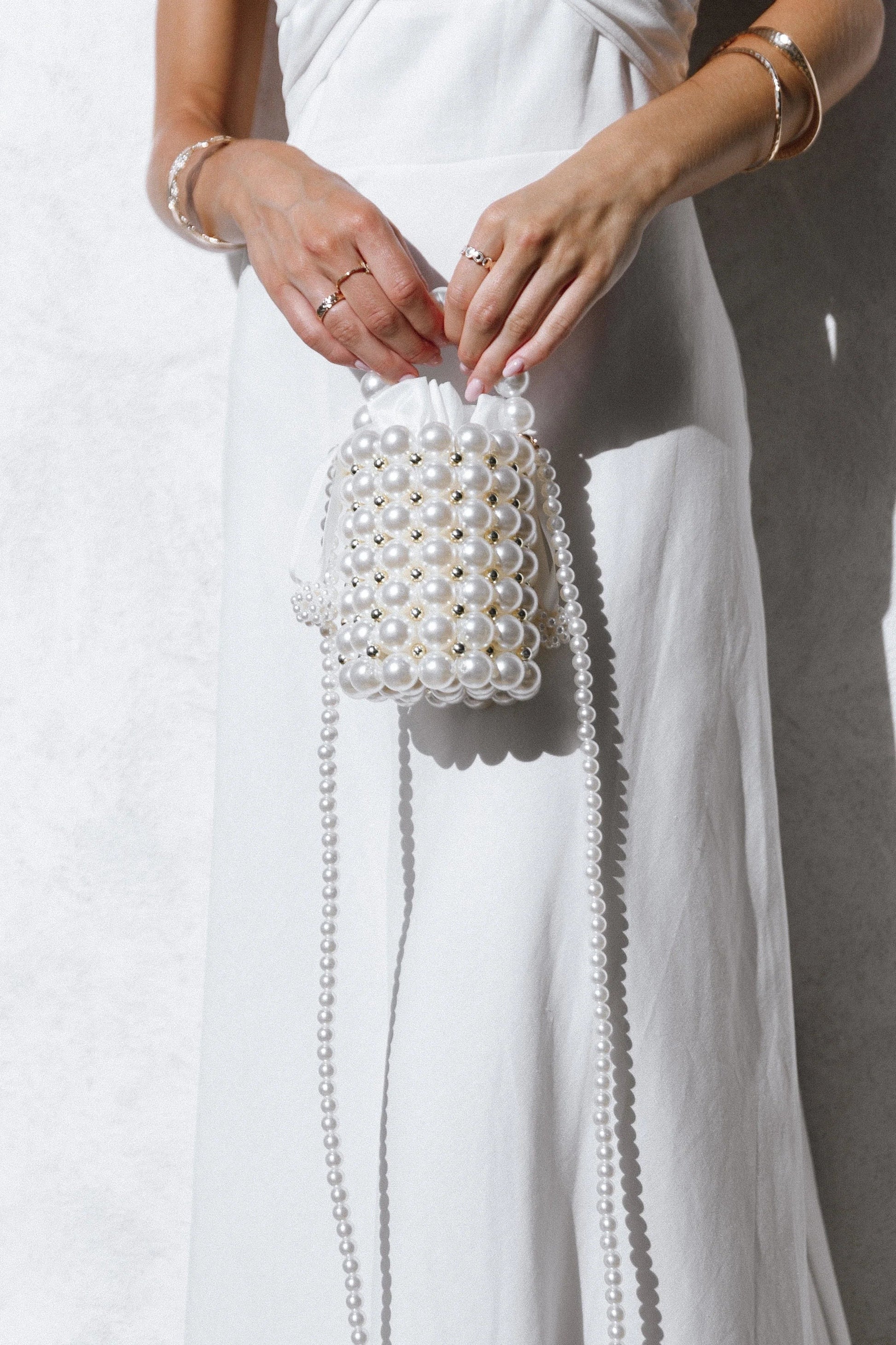 Pearl & Gold-Bead Embellished Bucket Bag