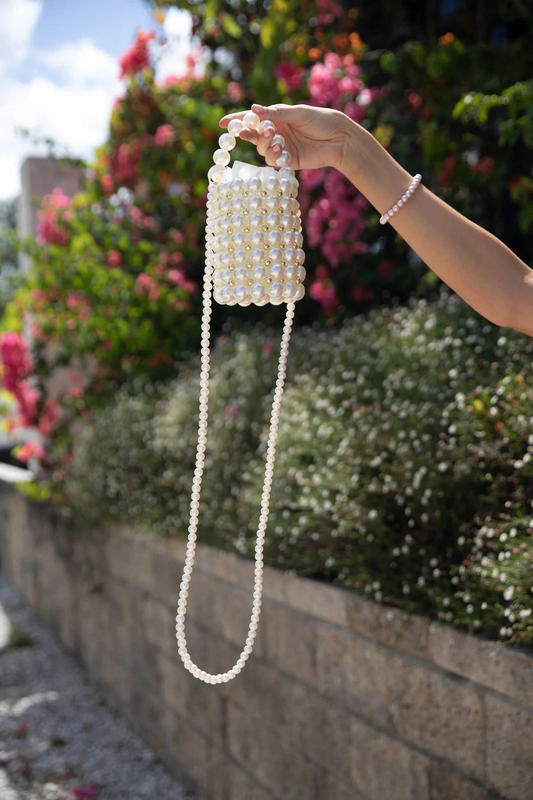 Pearl & Gold-Bead Embellished Bucket Bag