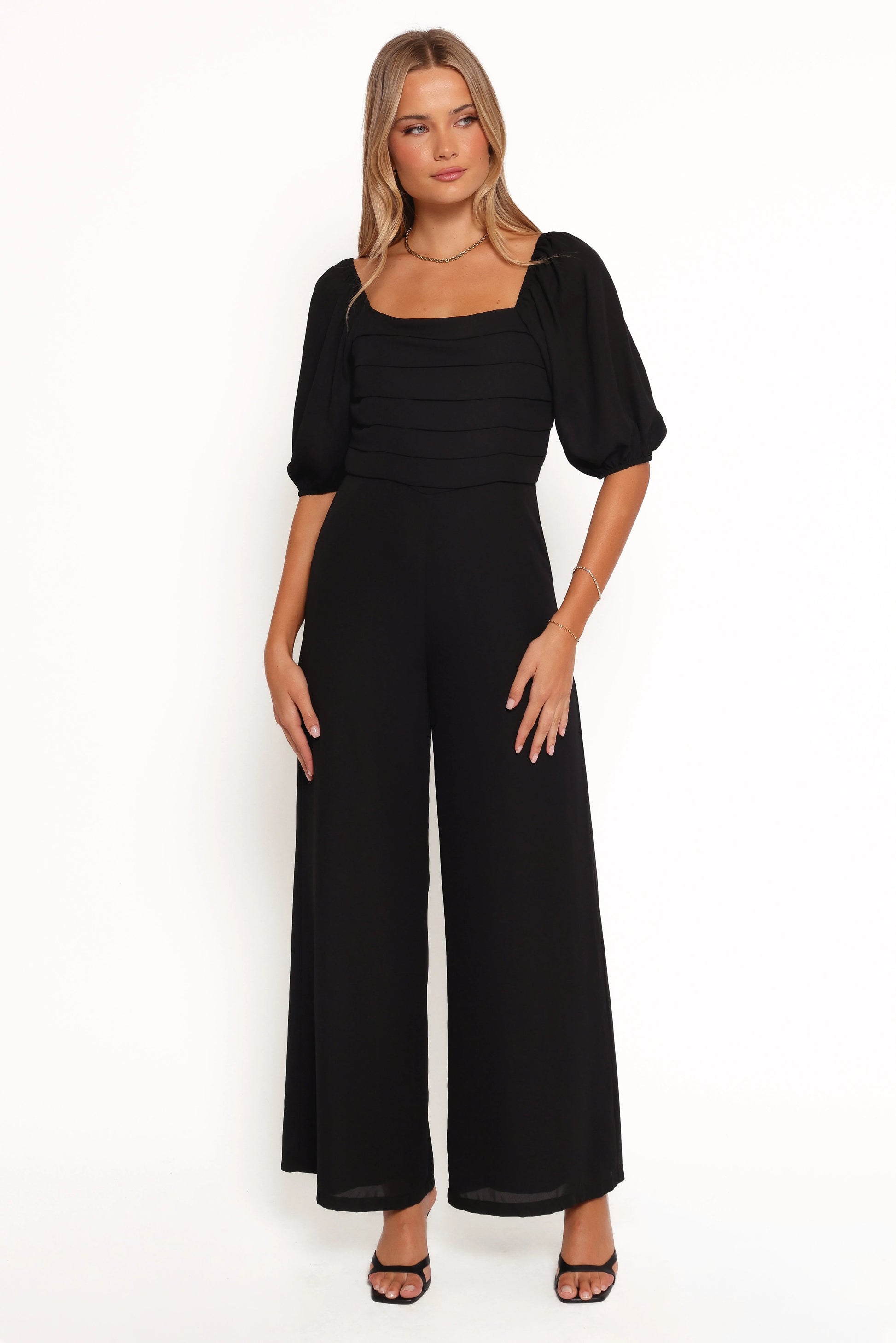 Puff-Sleeve Square-Neck Wide-Leg Jumpsuit
