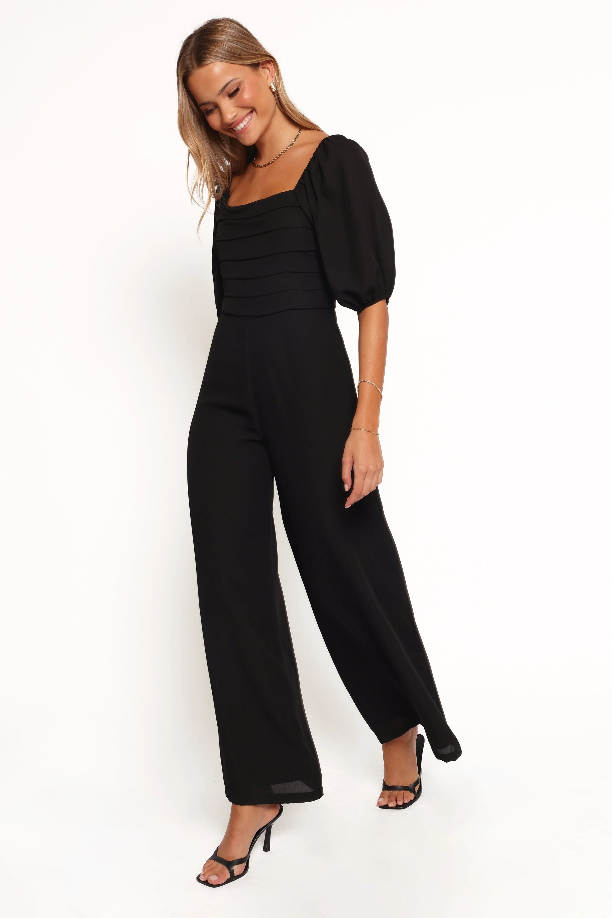 Puff-Sleeve Square-Neck Wide-Leg Jumpsuit