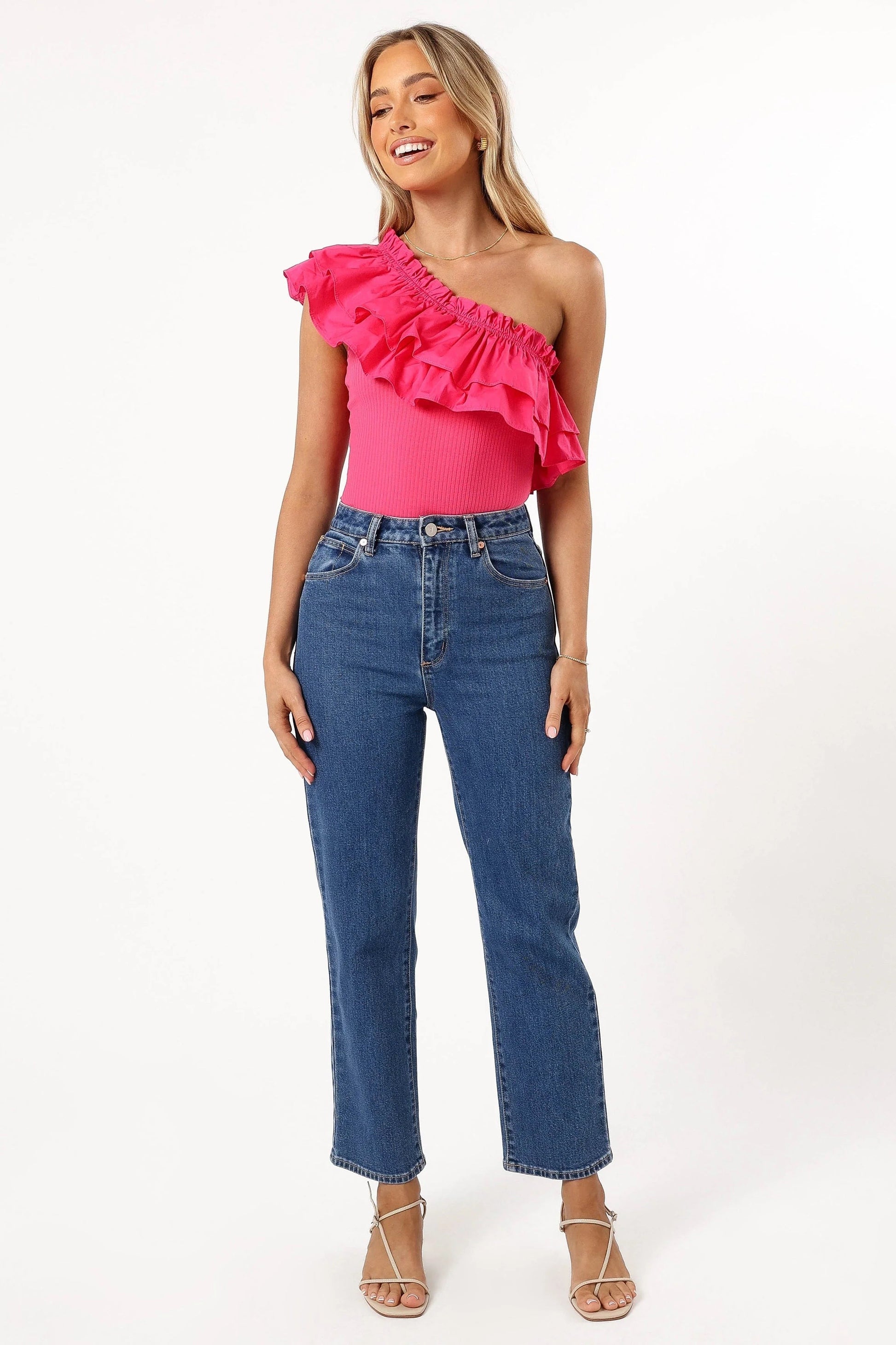 Ruffled One-Shoulder Ribbed Bodysuit