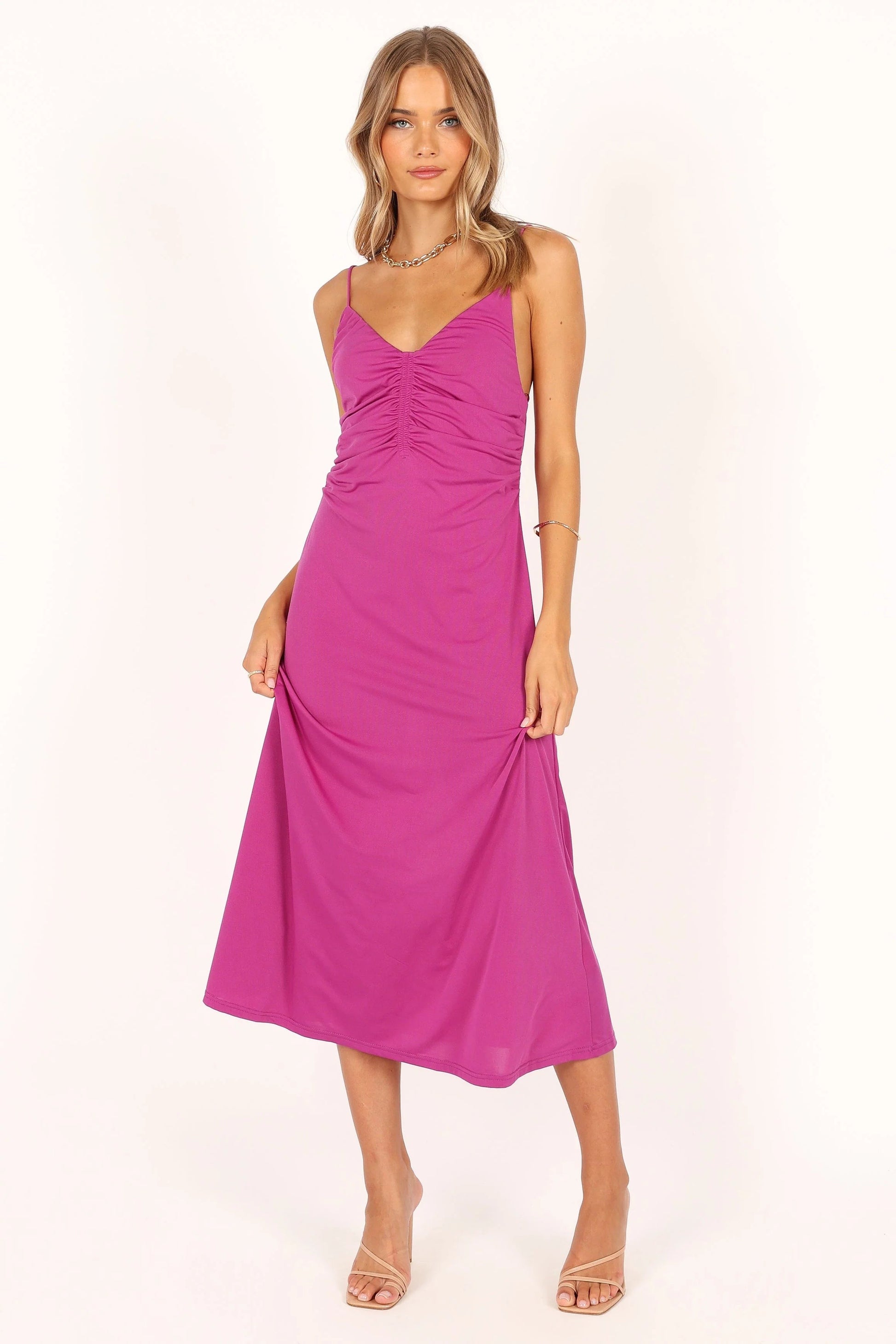 Shirred V-Neck Midi Dress