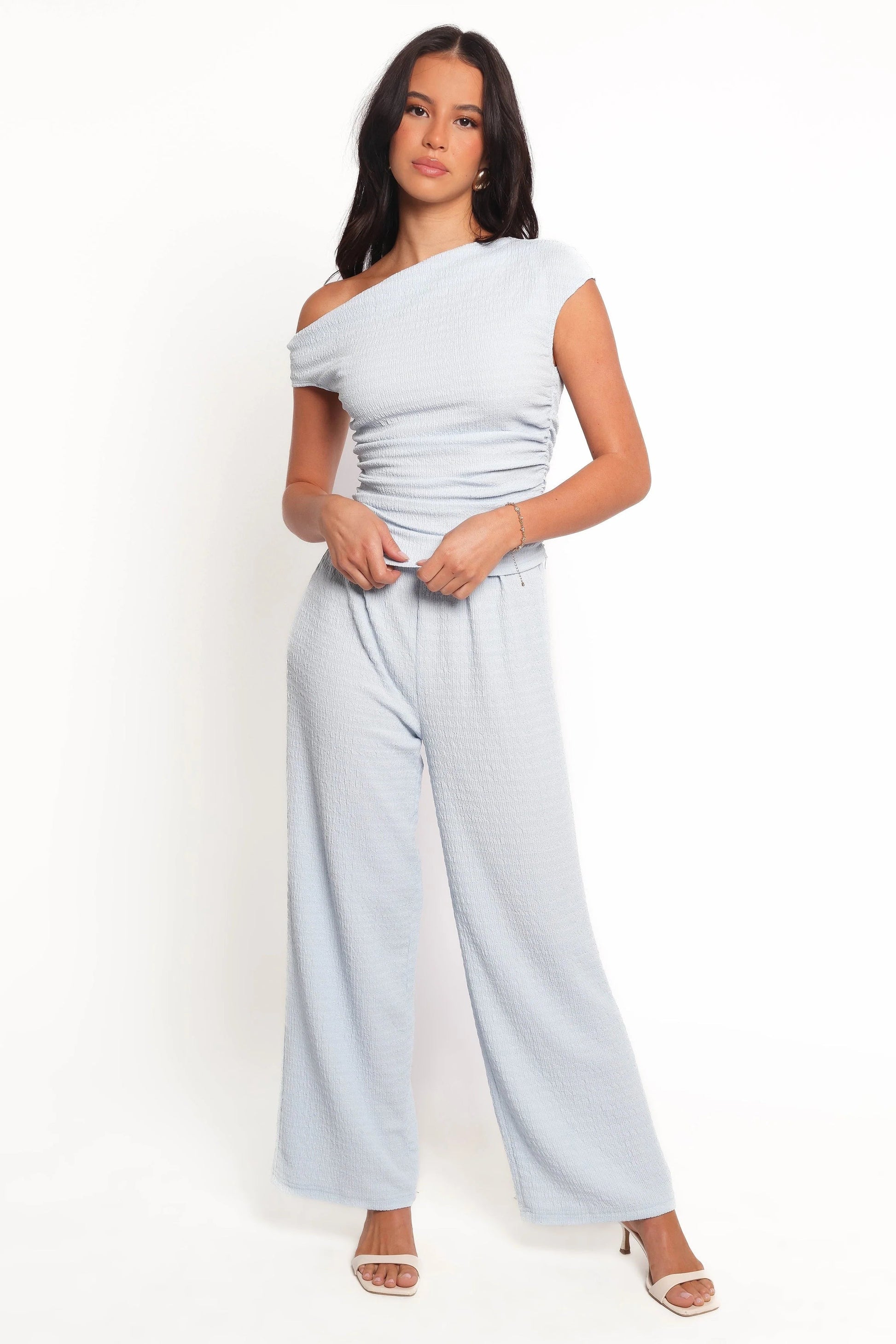 Textured Cowl-Neck Top & Wide-Leg Pants Set